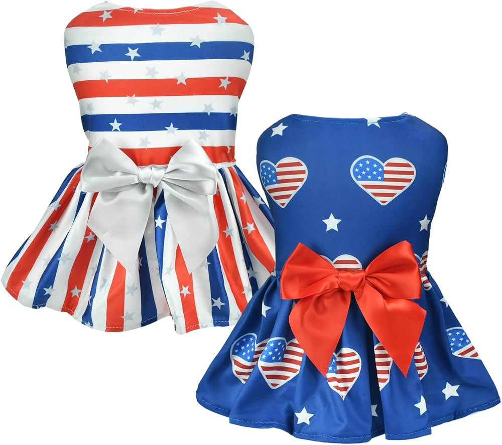 2-Pack 4th of July Dog Dresse American Flag Pattern Puppy Dress with Bow Independence Day Dog Ski... | Amazon (US)