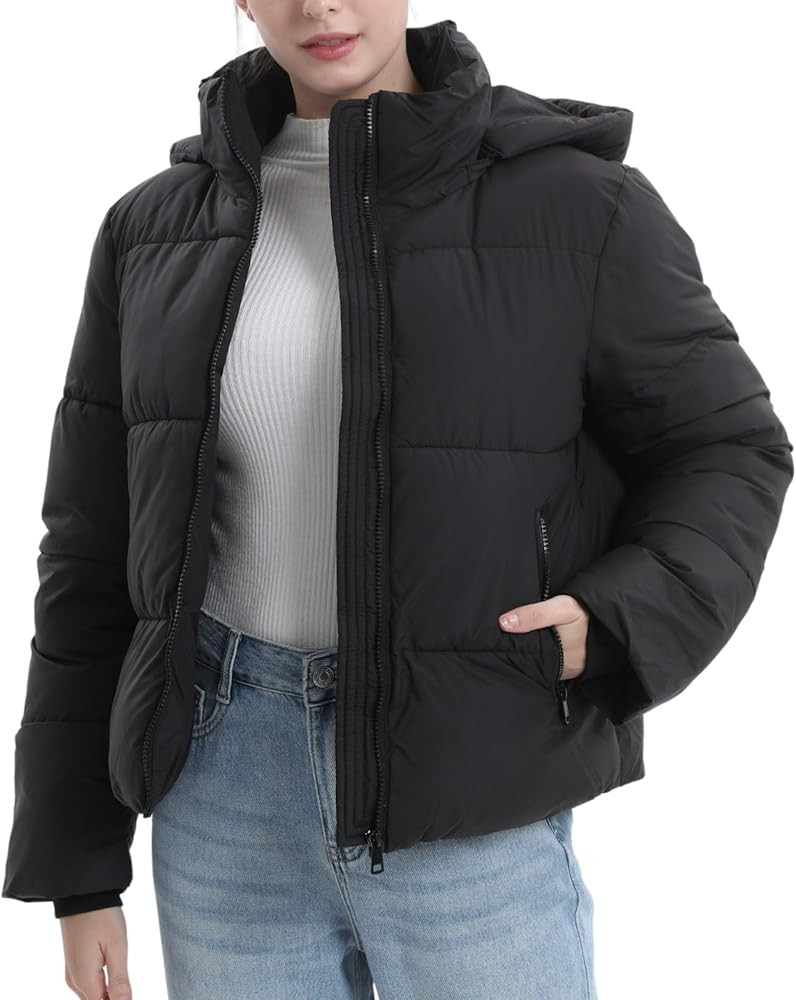 Women's Cropped Puffer Jackets,Warm Winter Jacket with Removable Hood,Zipped Pockets,Short Ladies... | Amazon (US)