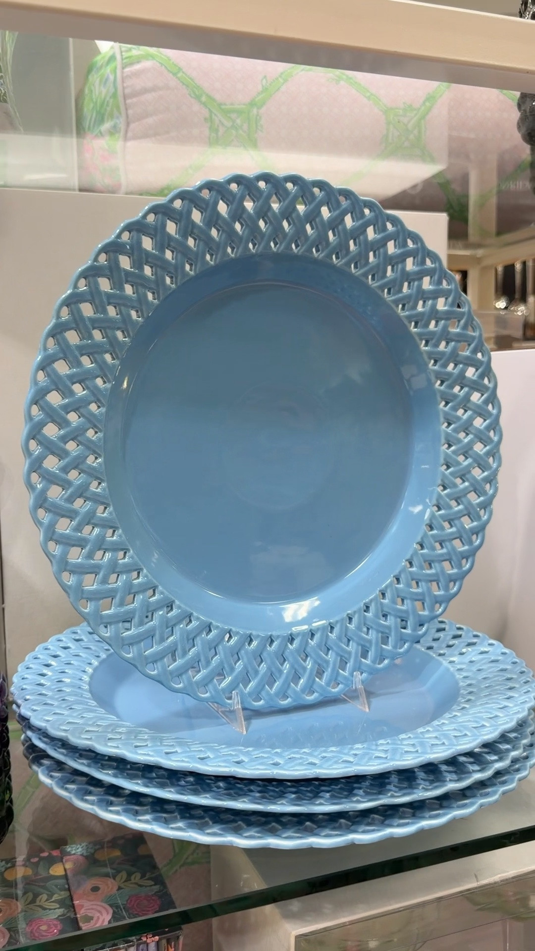 Summer dinnerware blue plates pierced plates basket weave summer tablescape