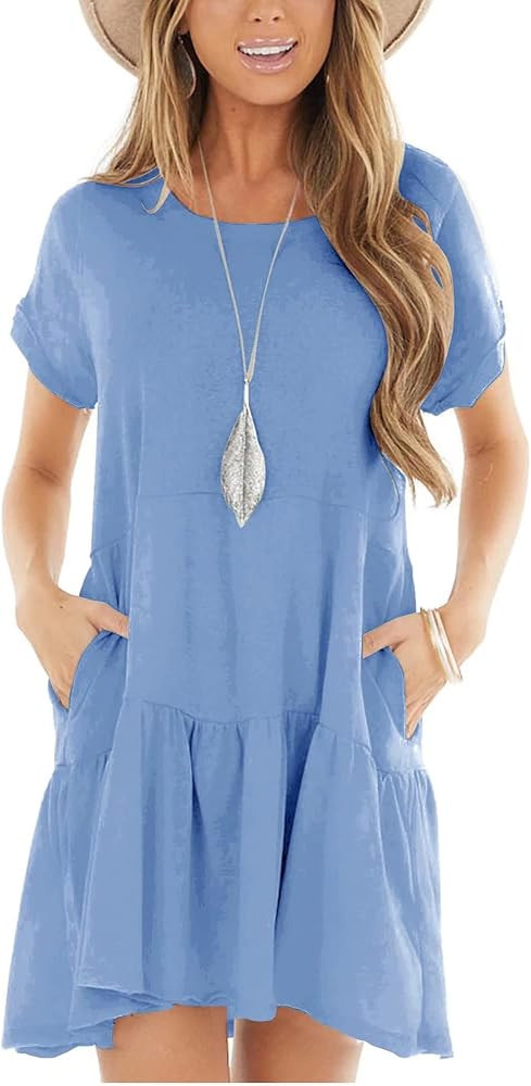Minclouse Women's Short Sleeve Flowy Swing T Shirt Dress Baby Doll Cute Casual Pockets Dresses | Amazon (US)