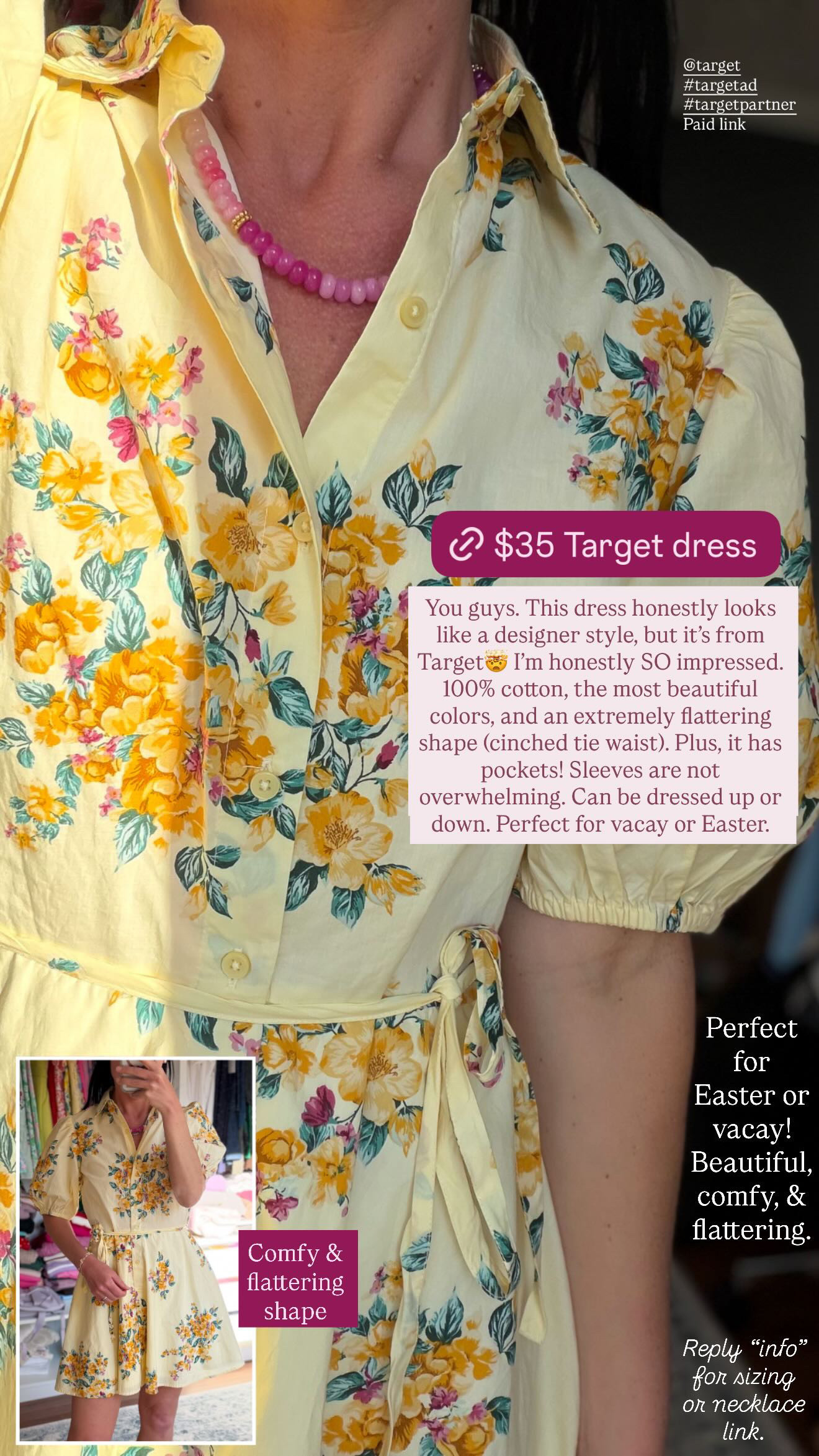 This yellow floral dress from Target honestly looks designer but is $35! It's 100% cotton, has a flattering shape, and has pockets. Fits TTS, wearing an XS.

Target, spring dress, floral dress, spring style, spring outfit.  

 #LTKootd #LTKSeasonal #LTKSaleAlert