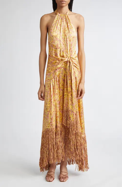 Cinq à Sept Teresa Charming Paisley Fringe Hem Maxi Dress in Lemon Grass Multi at Nordstrom, Size 00 | Nordstrom