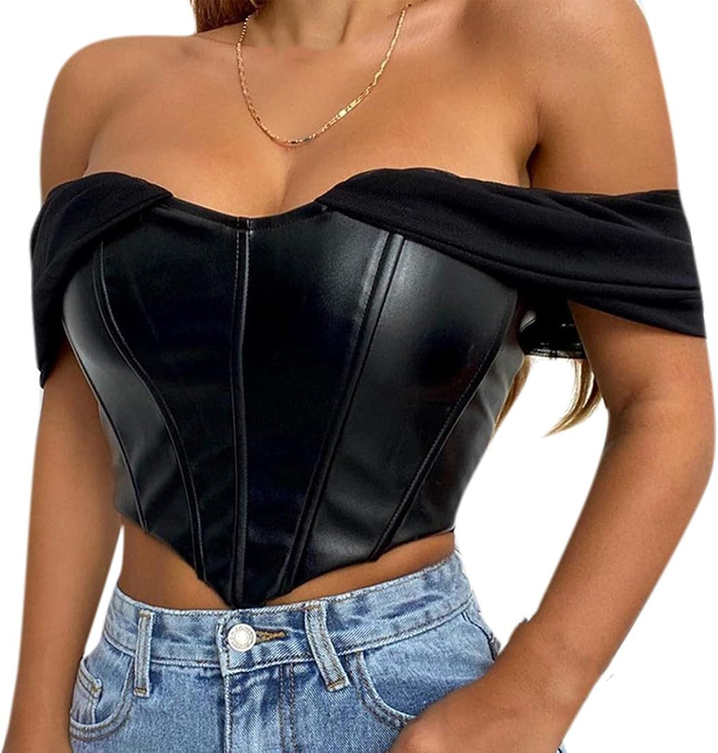 Women's Sexy PU Leather Corset Crop Top Off Shoulder Tops Gothic Bustier Camisole Tank Top | Amazon (US)