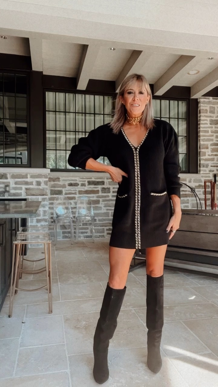 Sweater dress but make it freaking fabulous 🖤✨🤩. 

I absolutely love taking classic pieces and turning them up a notch. I wore this to a charity lunch on Friday and got so many compliments. Adding a choker and chic knee high boots will really elevate the outfit. I finished the look with sleek straight hair and a leopard clutch. PS, you will die when you see the price. Runs slightly big to TTS.

Shop via the link in my bio or by following LIFELUTZURIOUS in the @shop.ltk app!

#fallfashion #styleover40 #sweaterweather #sweaterdress #tamaramellon #revolveme #ltkunder100 #ootd #styleblogger #fashionreels

#LTKSeasonal #LTKunder100 #LTKstyletip