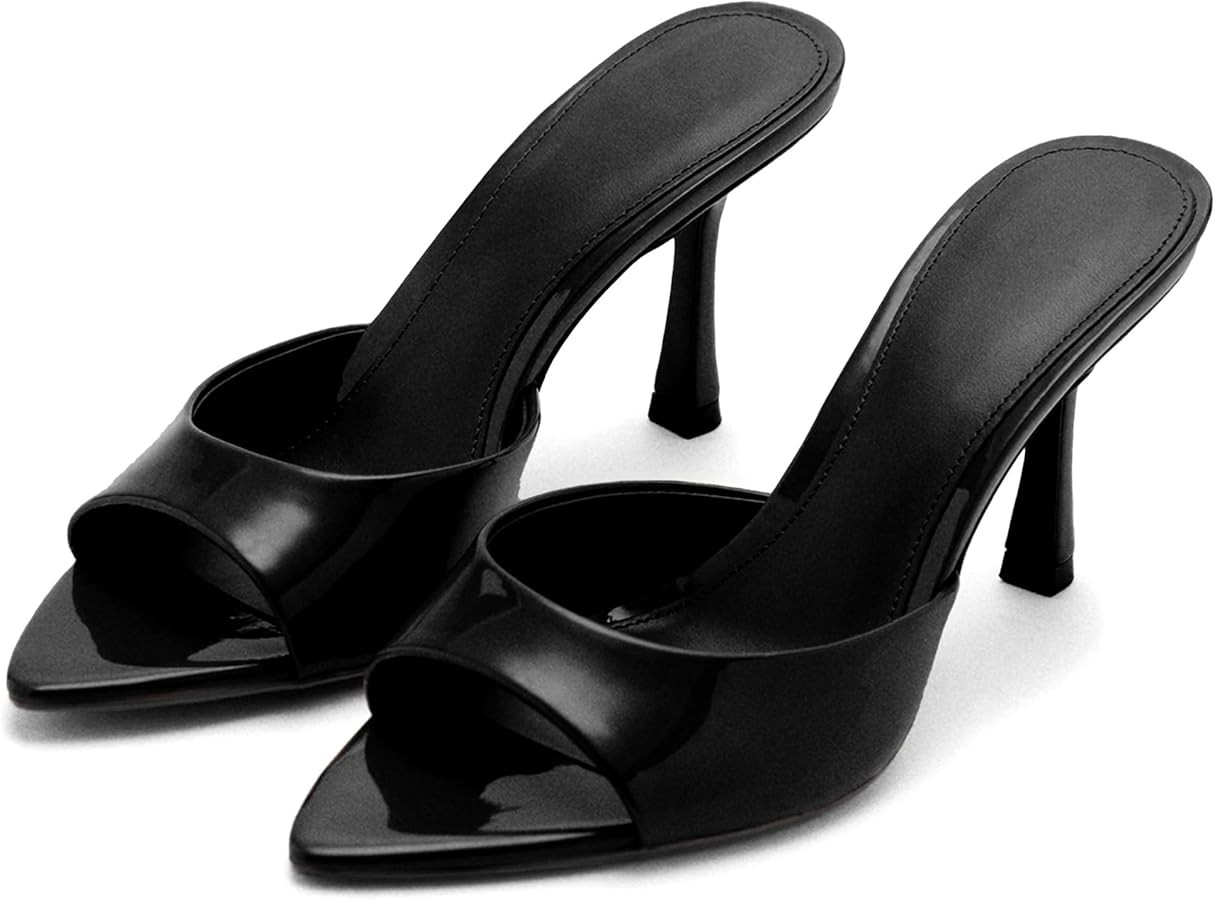 High Heel Mules for Women Slip On Open Pointed Toe Classy Patent Leather Stiletto Pumps Formal Sl... | Amazon (US)