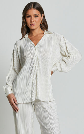 Beca Shirt - Plisse Button Up Shirt in Cream | Showpo (US, UK & Europe)