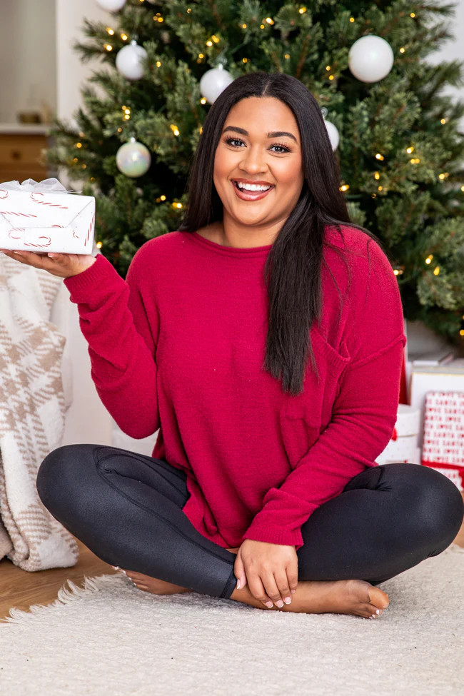 All I Know So Far Maroon Pocketed Fuzzy Sweater DOORBUSTER | Pink Lily