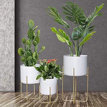 Floor Standing Planters with Metal Stand Pack of 3, White Plant Pot with Gold Metal Stand, Matches M | Amazon (US)
