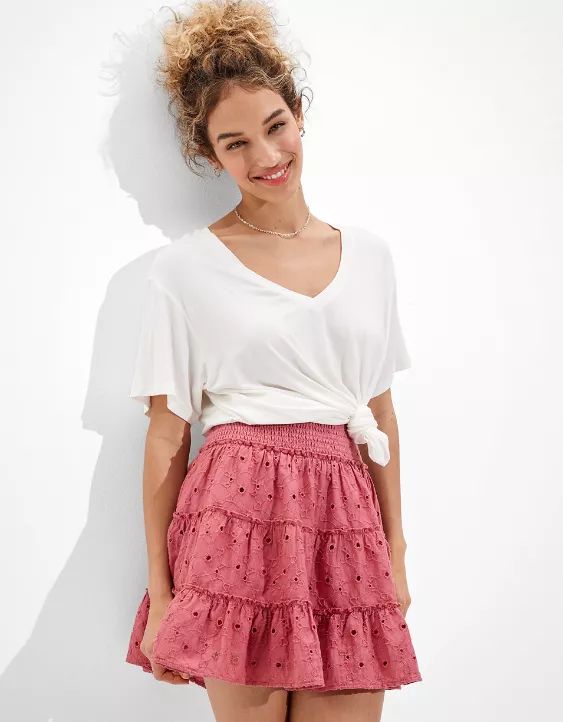 AE Solid Eyelet Tiered Mini Skirt | American Eagle Outfitters (US & CA)