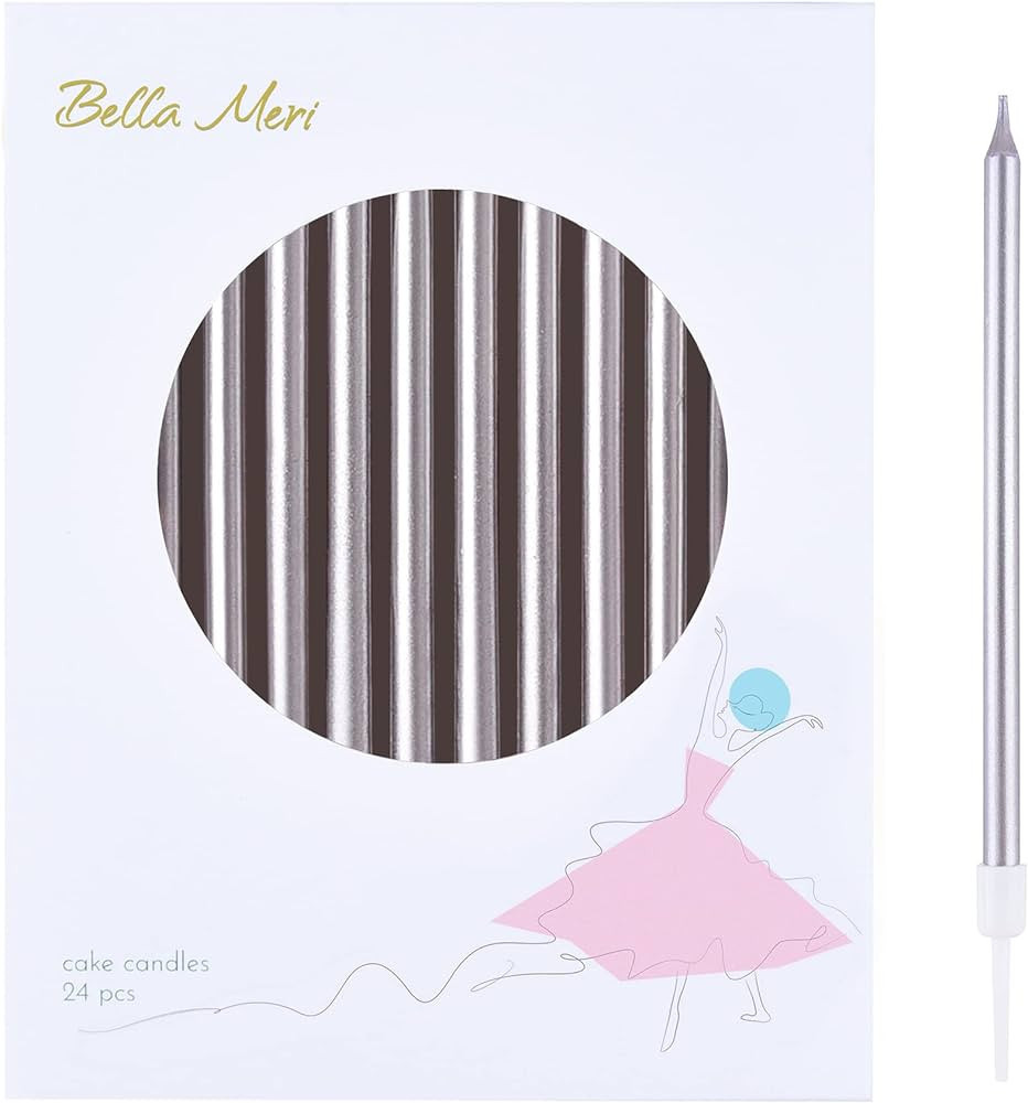 Bella Meri 24-Count Silver Long Thin Metallic Birthday Candles, Cake Candles, Birthday Parties, W... | Amazon (US)