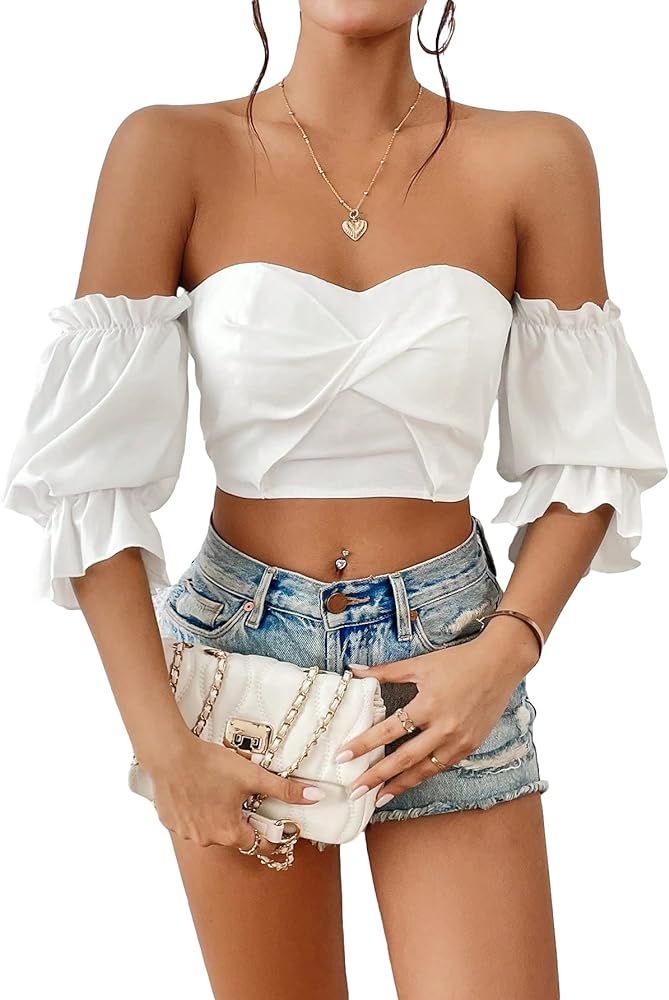 MakeMeChic Women's Off Shoulder Twist Front Shirred Puff Sleeve Crop Blouse Summer Tops | Amazon (US)