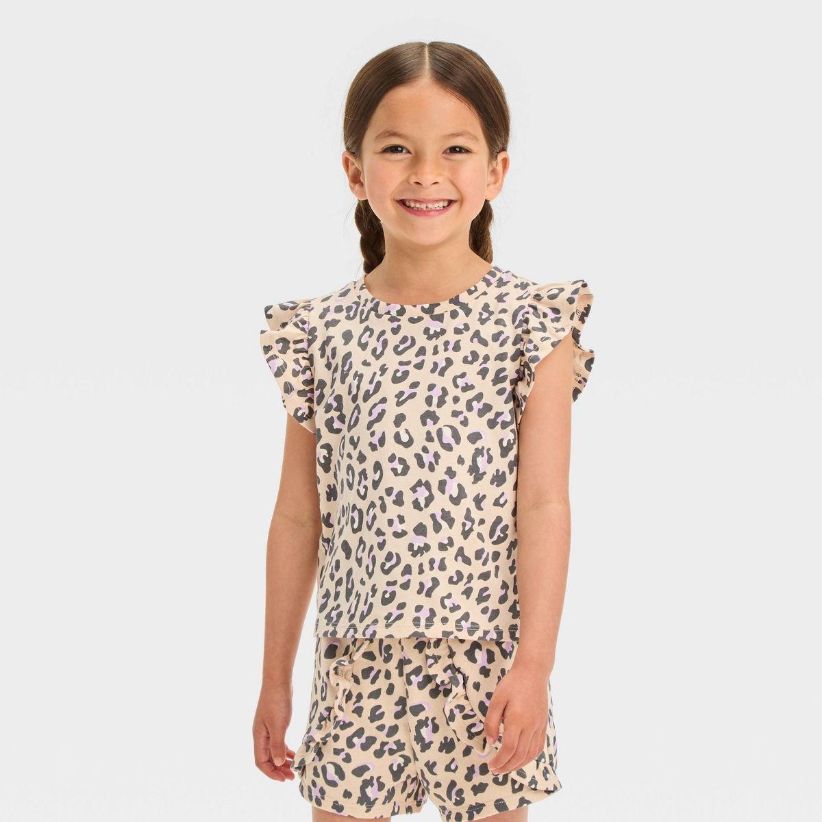 Grayson Mini Toddler Girls' Flutter Sleeve Leopard Printed & French Terry Shorts Set - Beige | Target