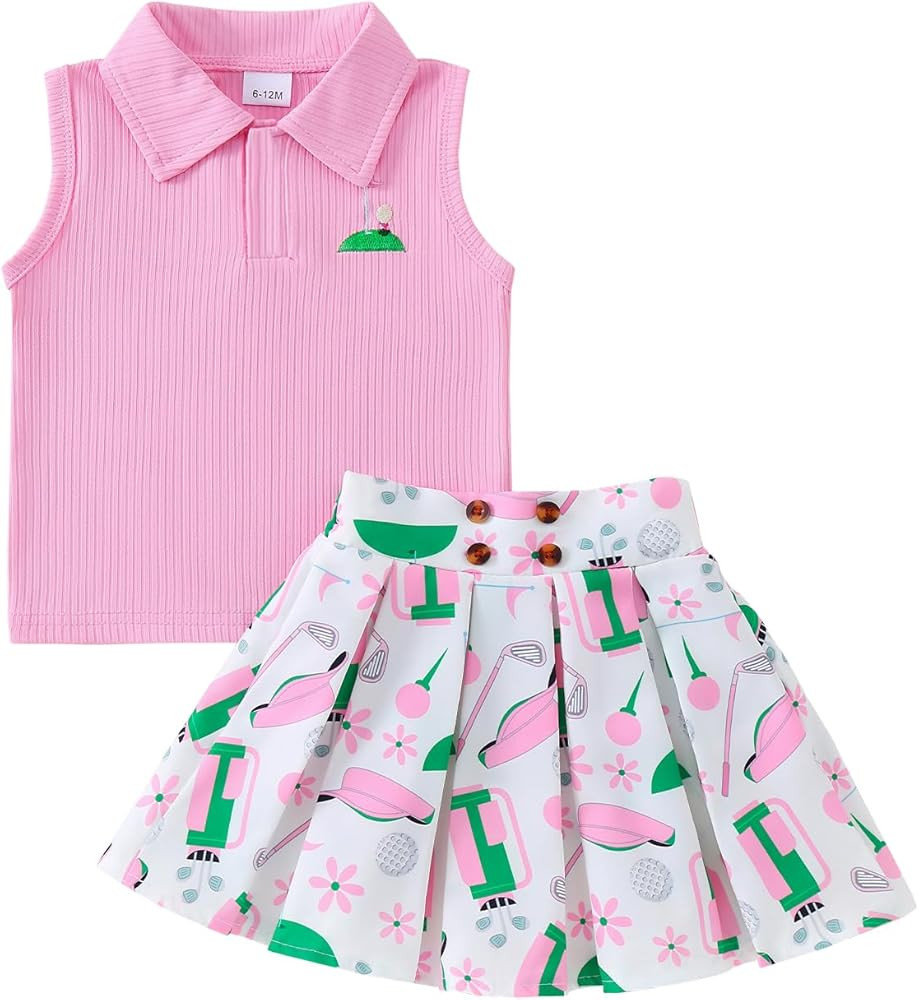 Toddler Baby Girl Golf Outfit Golf Print Lapel Collar Sleeveless Tank Top Mini Skirt Set Baby Gir... | Amazon (US)