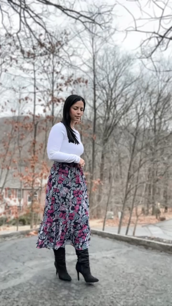 Some days you just have to put on a skirt and twirl around. 💗 I found this skirt @loft and it is absolutely beautiful. Perfect for Valentine’s Day or a date night any night. Flowy + pretty!  I’m wearing an xsmall. Happy Hump Day! 
•
#loft #Loftlove #floral #skirt #boots #winter #winterstyle #winterfashion #sale #shop #onsale #affordablefashion 

#LTKunder50 #LTKunder100 #LTKFind