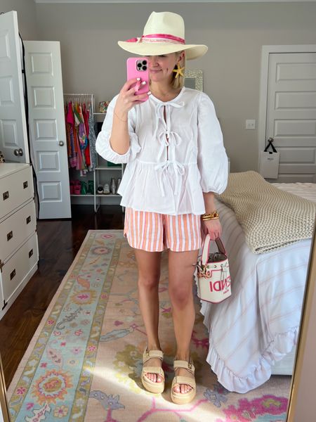 White front tie top (SM) / stripe boxer shorts (XS) / stripe shorts / bigmona platform sandals (normal size 7) / starfish earrings / casual summer outfit / casual vacation outfit 

#LTKSeasonal #LTKU #LTKTravel
