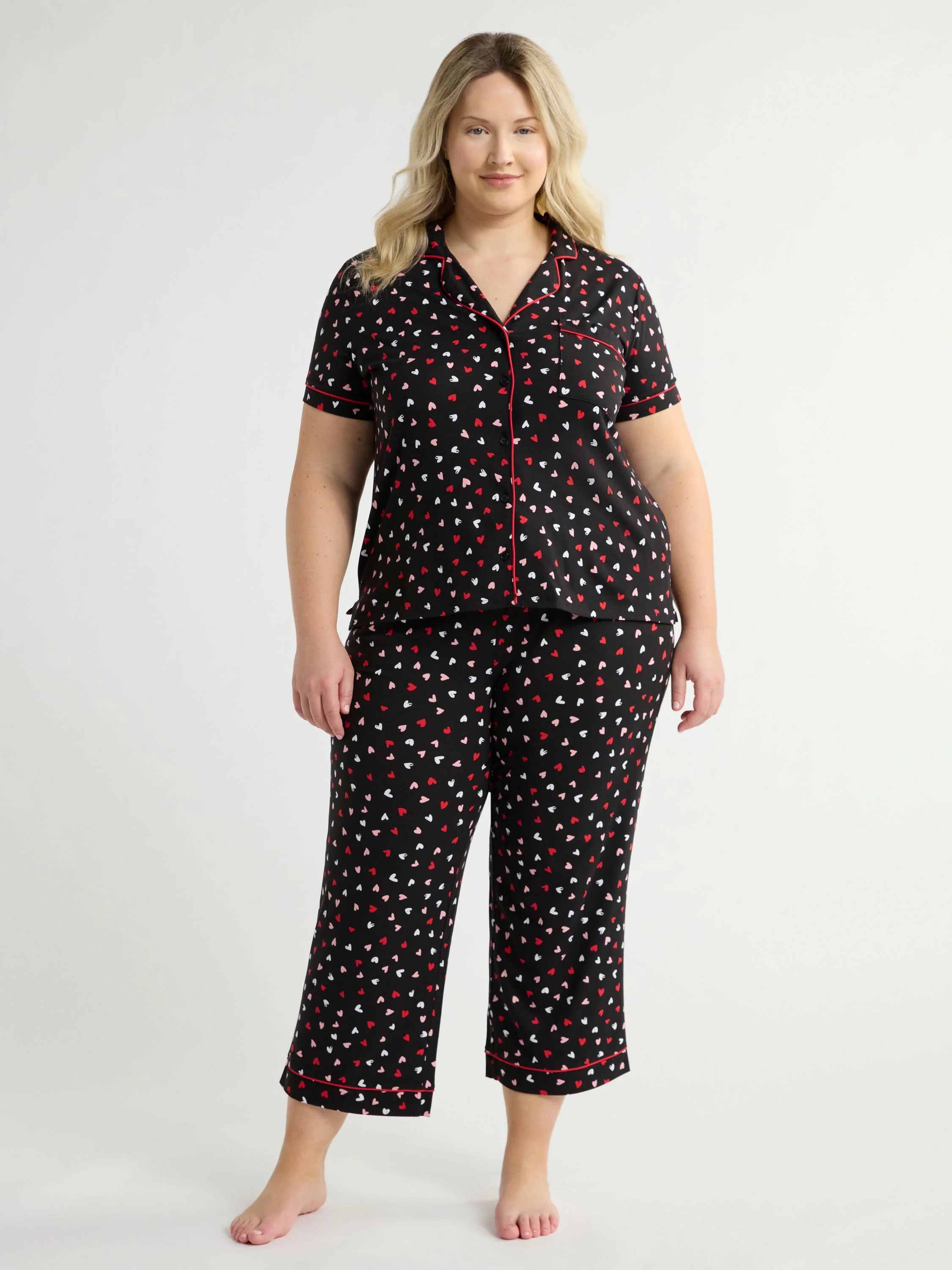 Joyspun Women's and Women’s Plus Jersey Notch Collar Top and Capri Pants Pajama Set, 2-Piece, S... | Walmart (US)
