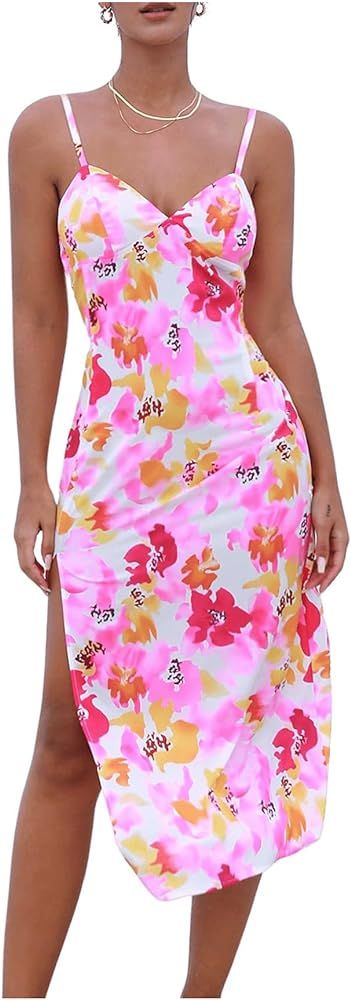 Floerns Women's Summer Split Thigh Spaghetti Strap Cami Midi Floral Dress Pink and White X-Small ... | Amazon (US)