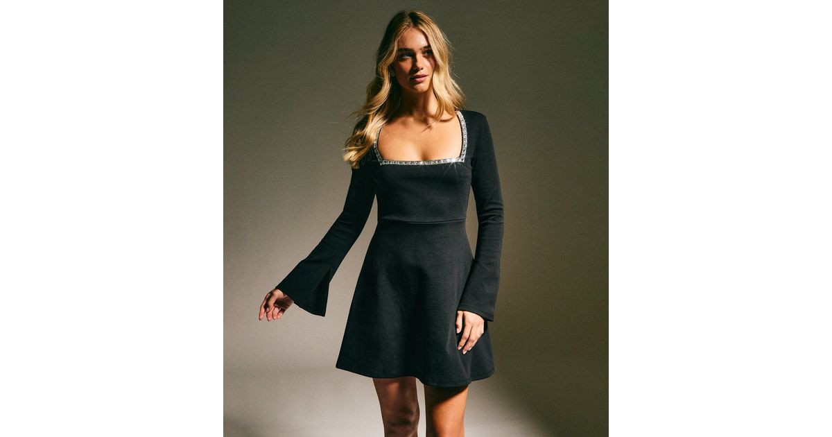 Black Diamante Trim Square Neck Mini Dress | New Look | New Look (UK)