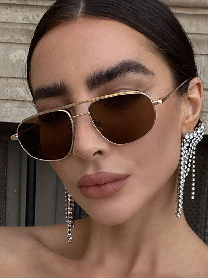 1pc Women's Golden Double Bridge Pilot Style Metal Frame Fashionable Retro Eyeglasses, Suitable F... | SHEIN