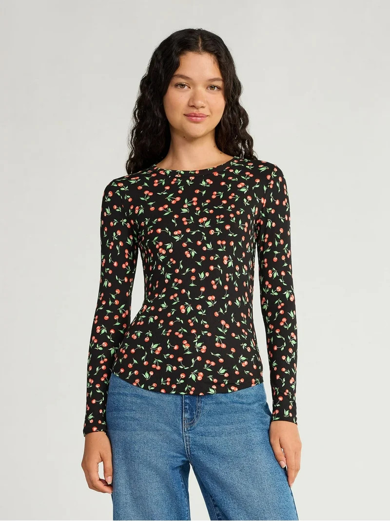 No Boundaries Crew Ribbed Tee with Long Sleeves, Women's | Walmart (US)