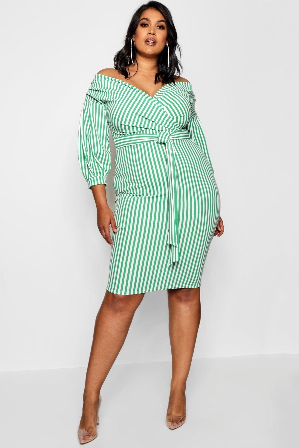 Plus Stripe Off Shoulder Wrap Midi Dress | Boohoo.com (US & CA)