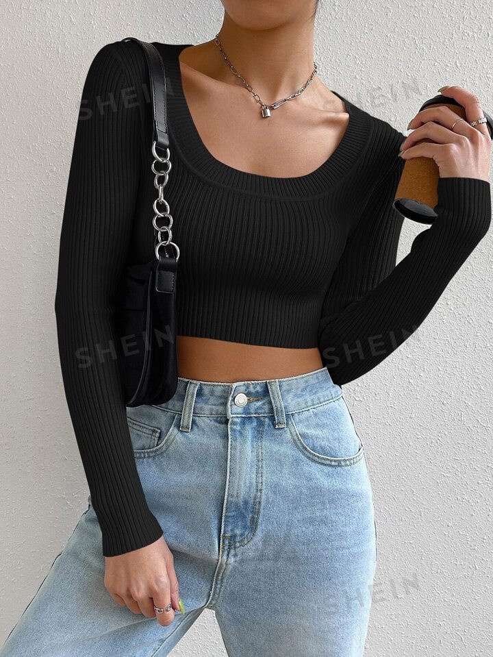 SHEIN EZwear Scoop Neck Ribbed Knit Crop Sweater | SHEIN