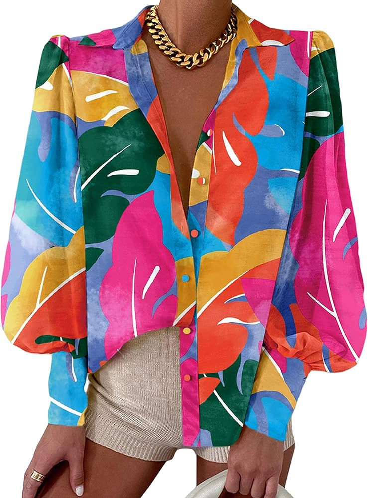 BTFBM Women Fashion Button Down Shirts Lapel V Neck Printed Solid Boho Long Sleeve Blouses Dressy... | Amazon (US)