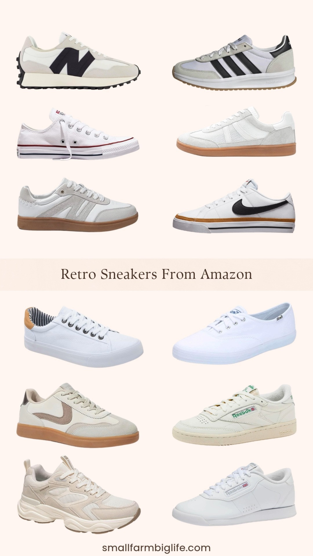 Retro sneakers are having such a major moment right now and white and cream styles are everywhere this summer. I rounded up my favorite classic and retro inspired styles including Keds, New Balance 327, Converse Chuck Taylors, Nike Court Legacy, Adidas Run 70s, Reebok Princess, and Reebok Club C 85 alongside some really great Amazon dupe options at a fraction of the price. The gum sole detail on several of these styles is such a classic retro touch and the dad sneaker and chunky platform styles add a fun modern twist to the classic white sneaker. Whether you want a true classic or a trendy retro inspired style there is something in this round up for every summer outfit. Tap to shop! 

 #LTKgrwm #LTKootd #LTKOver40