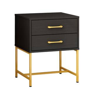 FUFU&GAGA Black Wood Nightstand With 2-Drawer and Metal Legs 22.8"H x 17.7"W x 15.7&quo... | The Home Depot