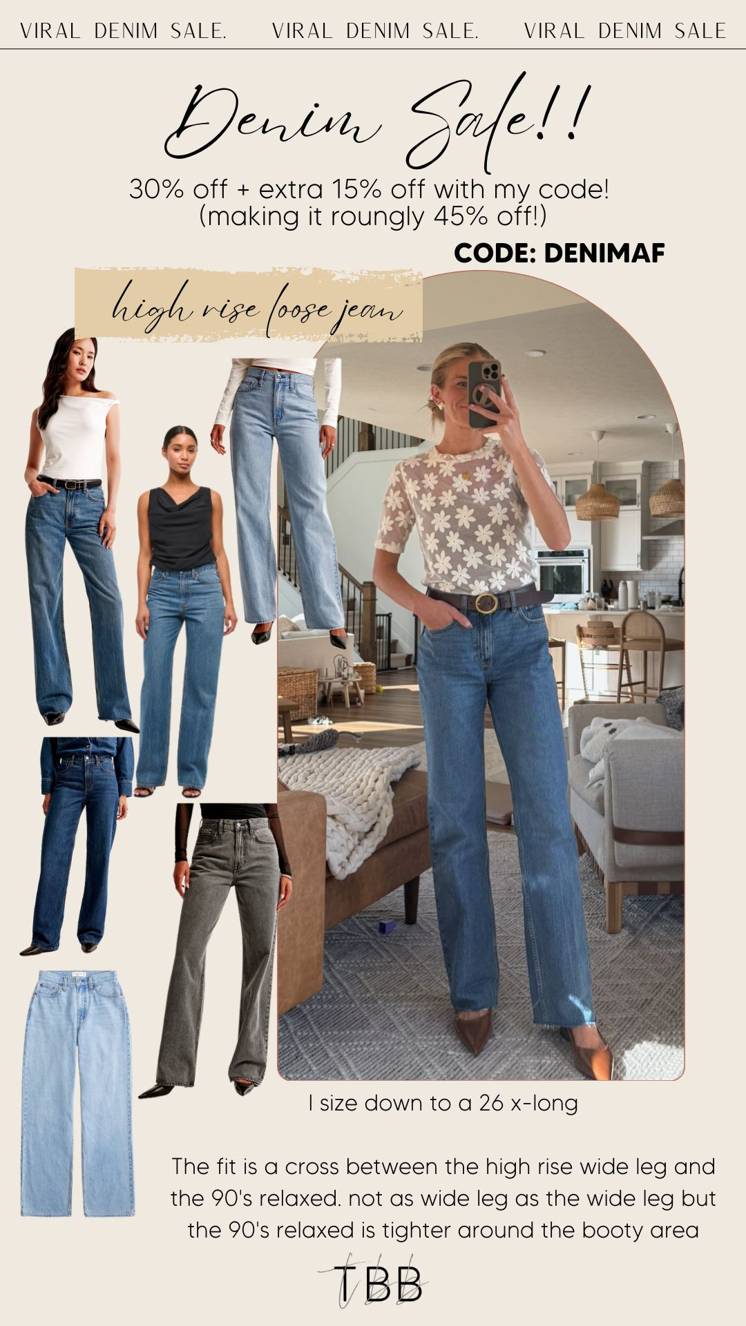 I size down to a 26 x-long

The fit is a cross between the high rise wide leg and the 90's relaxed. not as wide leg as the wide leg but the 90's relaxed is tighter around the booty area