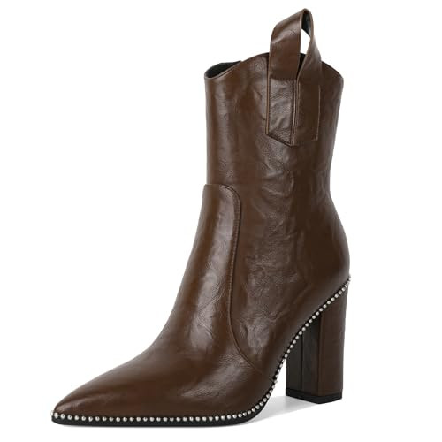 Soireelady Women's Ankle Boots Western Cowboy Booties Chunky Block Heel Booties Pointed Toe Beaded Short Boots Side Zipper Work Shoes 4 Inches Brown US Size 9.5 | Amazon (US)