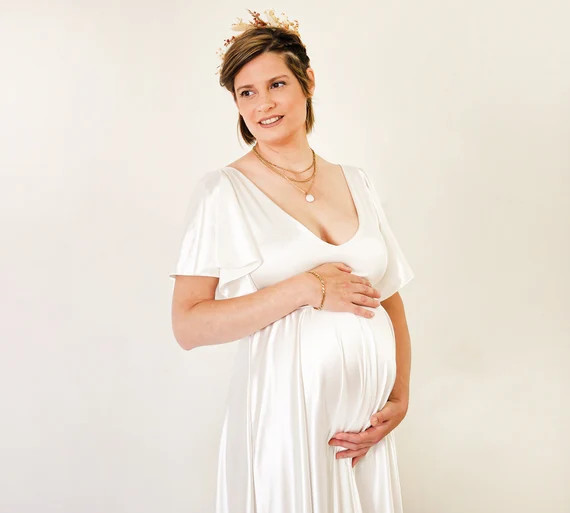 Maternity Silky Minimalist Wedding Dress Elegant Satin - Etsy | Etsy (US)