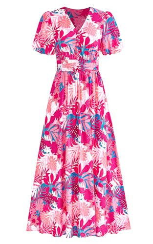 PRETTYGARDEN Womes Boho Maxi Dresses 2026 Summer Spring V Neck Puff Sleeve Empire Waist A Line Flowy Long Beach Floral Dress (Pink Flower,S) | Amazon (US)