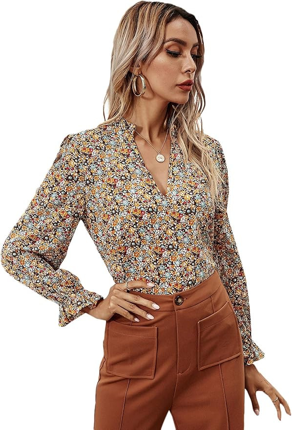 Floerns Women's Boho Disty Floral Notch V Neck Puff Long Sleeve Blouse Tops | Amazon (US)