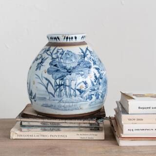 3R studios Decorative Stoneware Ginger Jar, Distressed Blue and White DF6958 - The Home Depot | The Home Depot