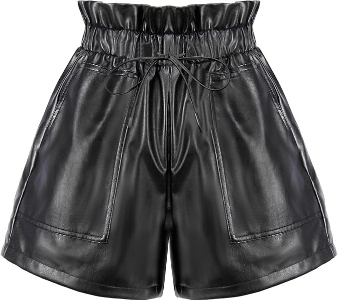 RAMISU Ladie's Casual Faux Leather Shorts High Waisted Elastic Band Belted Shorts Flared Leg Faux... | Amazon (US)