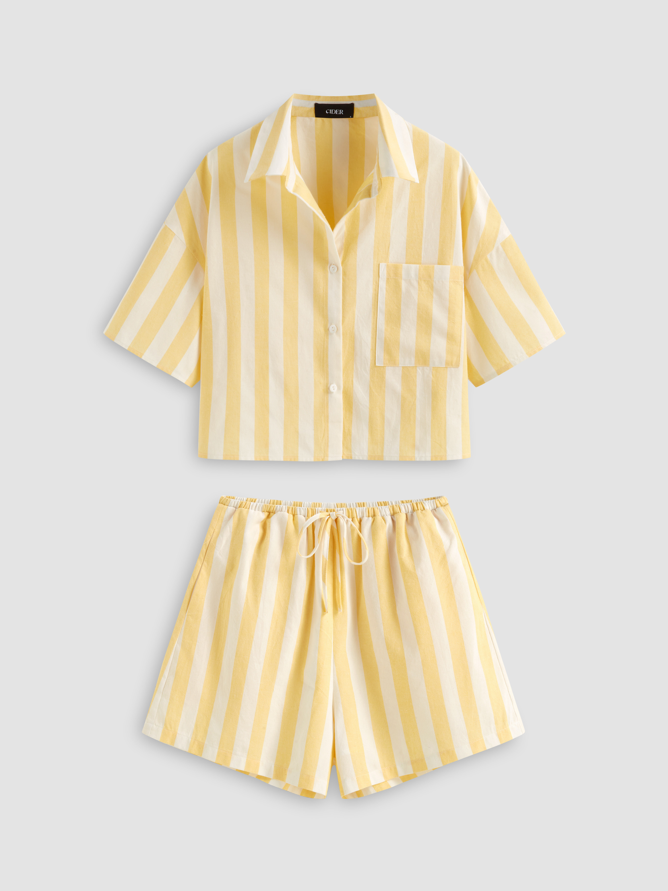 Woven Cotton Collar Stripe Oversized Shirt & Mid Rise Drawstring Shorts Set For Work | Cider