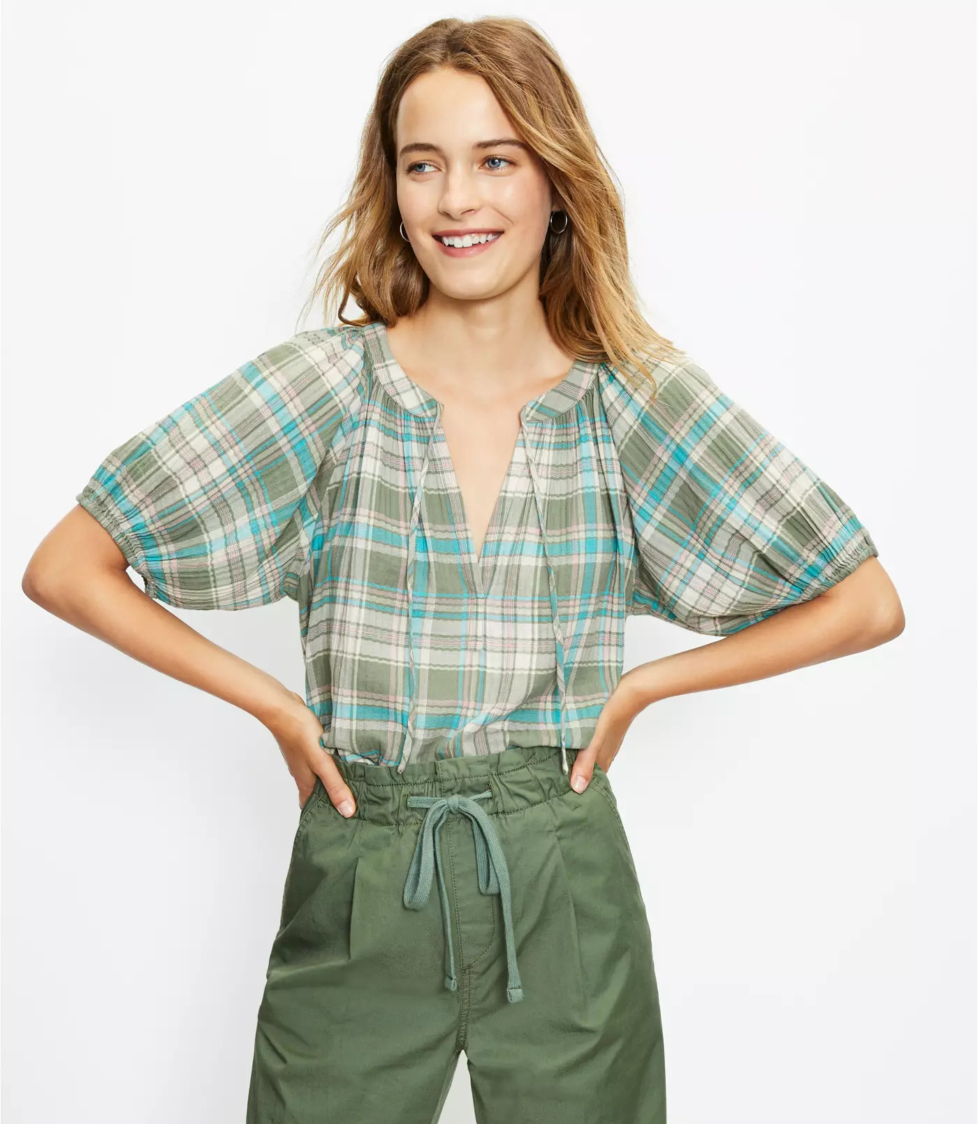 Petite Plaid Tie Neck Puff Sleeve Top | LOFT