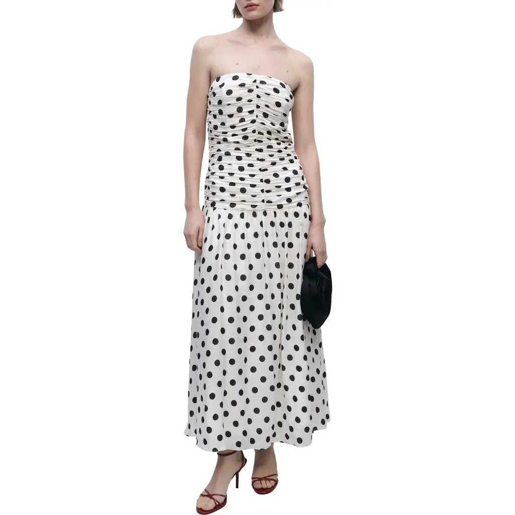 MANGO Polka Dot Ruched Maxi Sundress in Off White at Nordstrom, Size 4 | Nordstrom