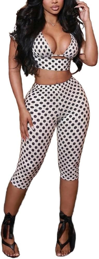 Molilove Polka Dot 3 Piece Outfits for Women Sexy Short Sleeve Halter Crop Top and Bodycon Pants ... | Amazon (US)