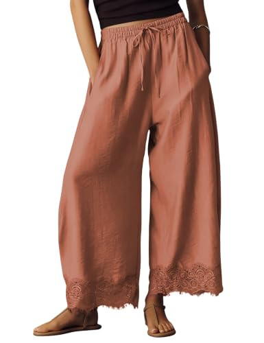 PUWEI Women's Cropped Lace-Hem Pants High Waisted Drawstring Wide Leg Pants Casual Lightweight Tr... | Amazon (US)