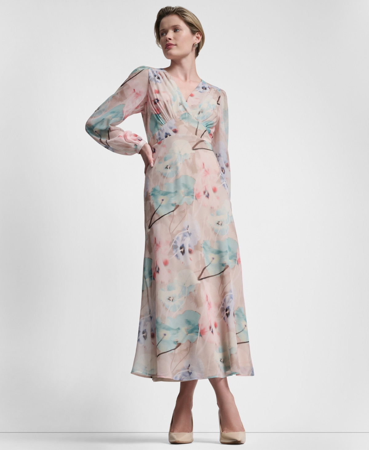 Dkny Women's V-Neck Fit and Flare Long Dress - Moonlight Multi | Macy's