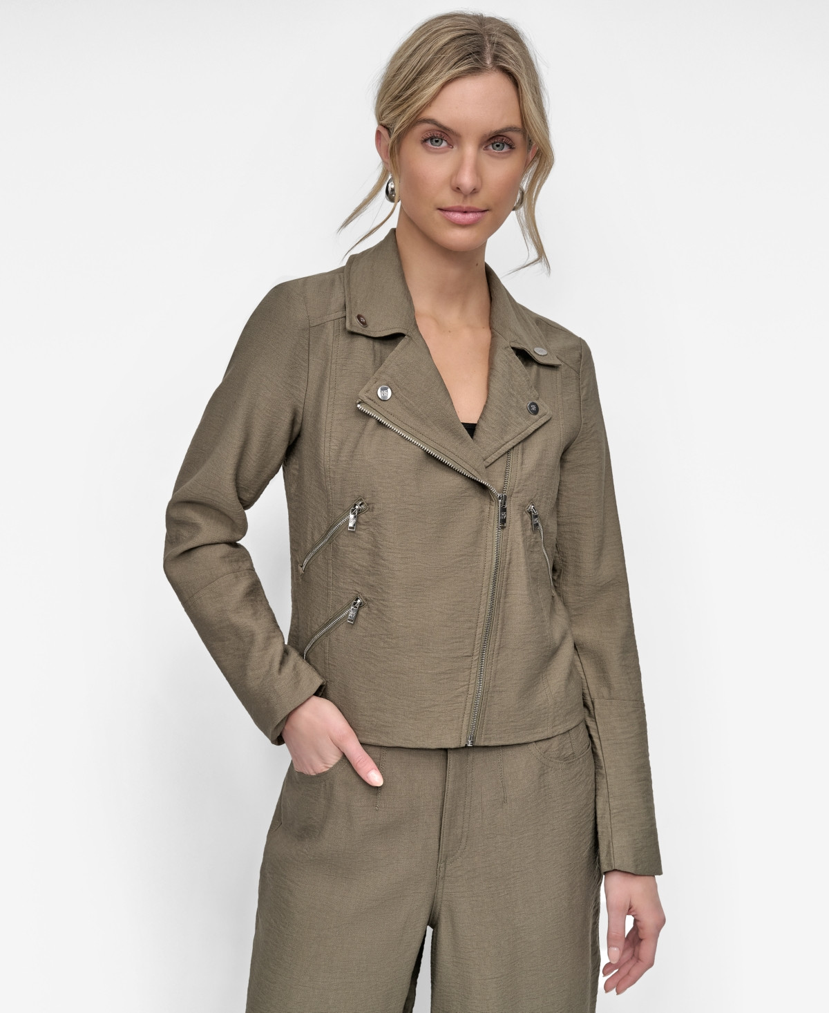 Dkny Women's Zipper Detailed Crinkle Jacket - Utility Green | Macy's