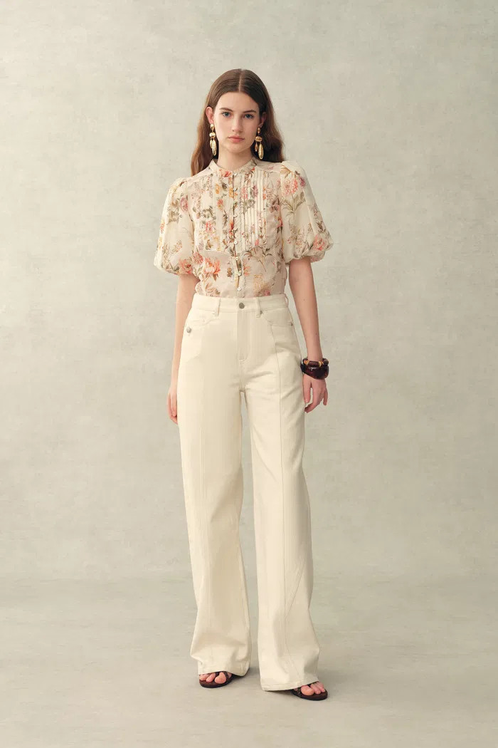Floris Floral Print Sheer Lace Top in Silk Linen Blend | Fabrique