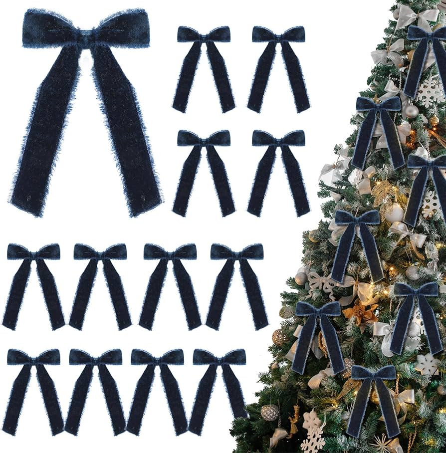 12 Pcs Frayed Navy Blue Velvet Bows for Christmas Tree Velvet Navy Blue Christmas Ornaments Rusti... | Amazon (US)