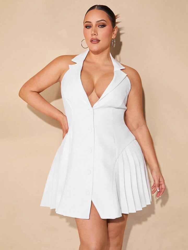 SHEIN BAE Plus Size Women Beige Sleeveless Pleated Dress, Elegant & Romantic, Suitable For Dating, Afternoon Tea, Valentine's Day | SHEIN