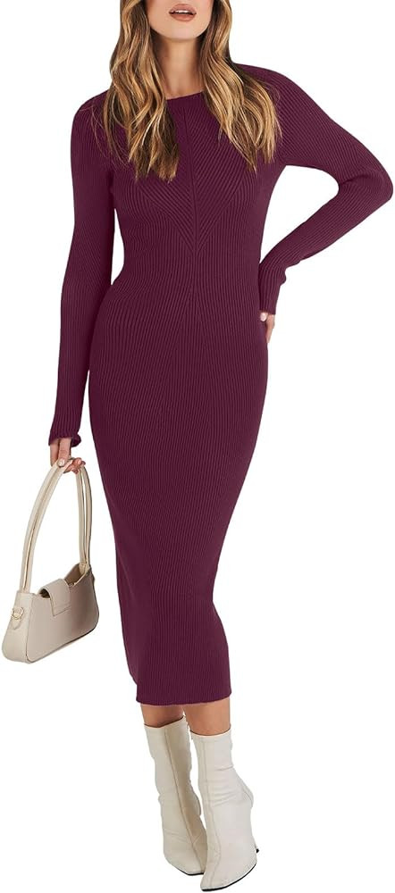 ANRABESS Women's 2023 Trendy Long Sleeve Sweater Dress Crewneck Slim Fit Ribbed Knit Bodycon Midi... | Amazon (US)