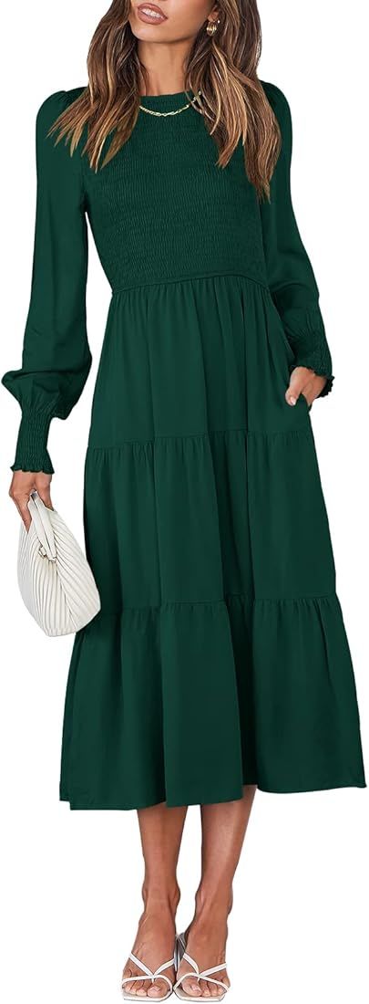ANRABESS Women's Casual Long Sleeve Crew Neck High Waist Smocked Flowy Tiered Midi Dress | Amazon (US)