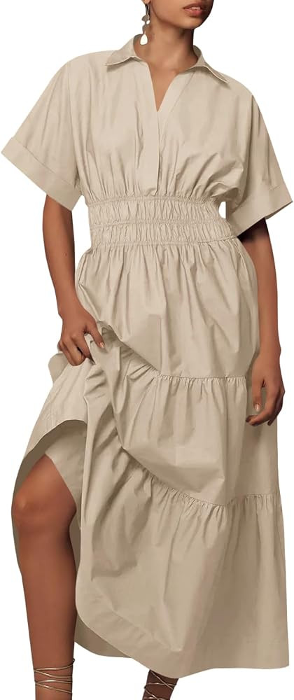 Wenrine Womens Summer Short Sleeve Maxi Dresses Casual V Neck Smocked Loose Tiered Flowy Shirt Dr... | Amazon (US)