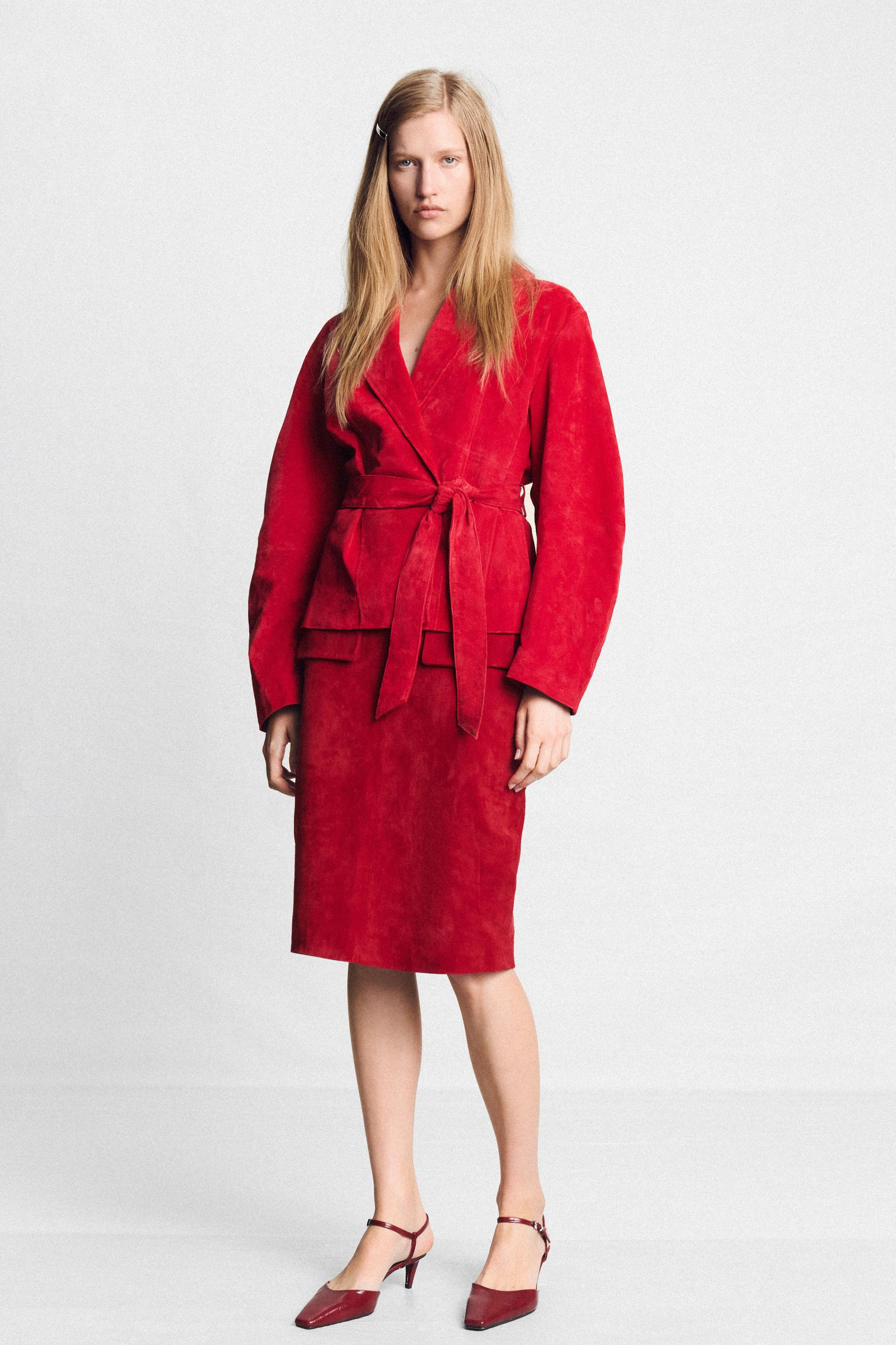 Zara - 100% Leather Belted Jacket - Intense Red - S - Woman | Zara US